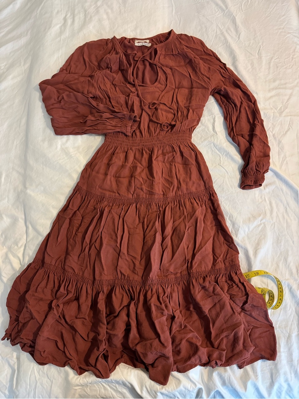 Urban Outfitters Rust-Toned Long Sleeve Tiered Midi Dress